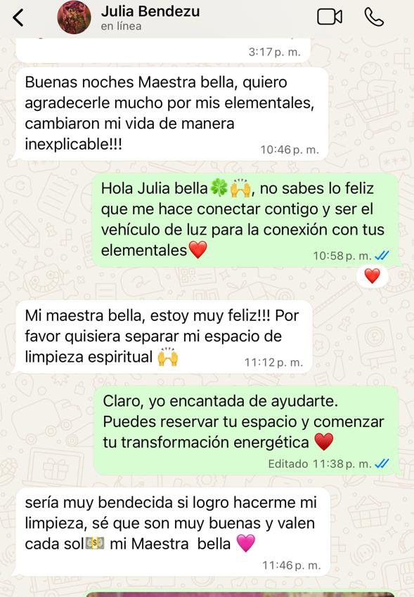 Testimonio de Julia Bendezu agradeciendo por sus elementales y reservando una limpieza espiritual.